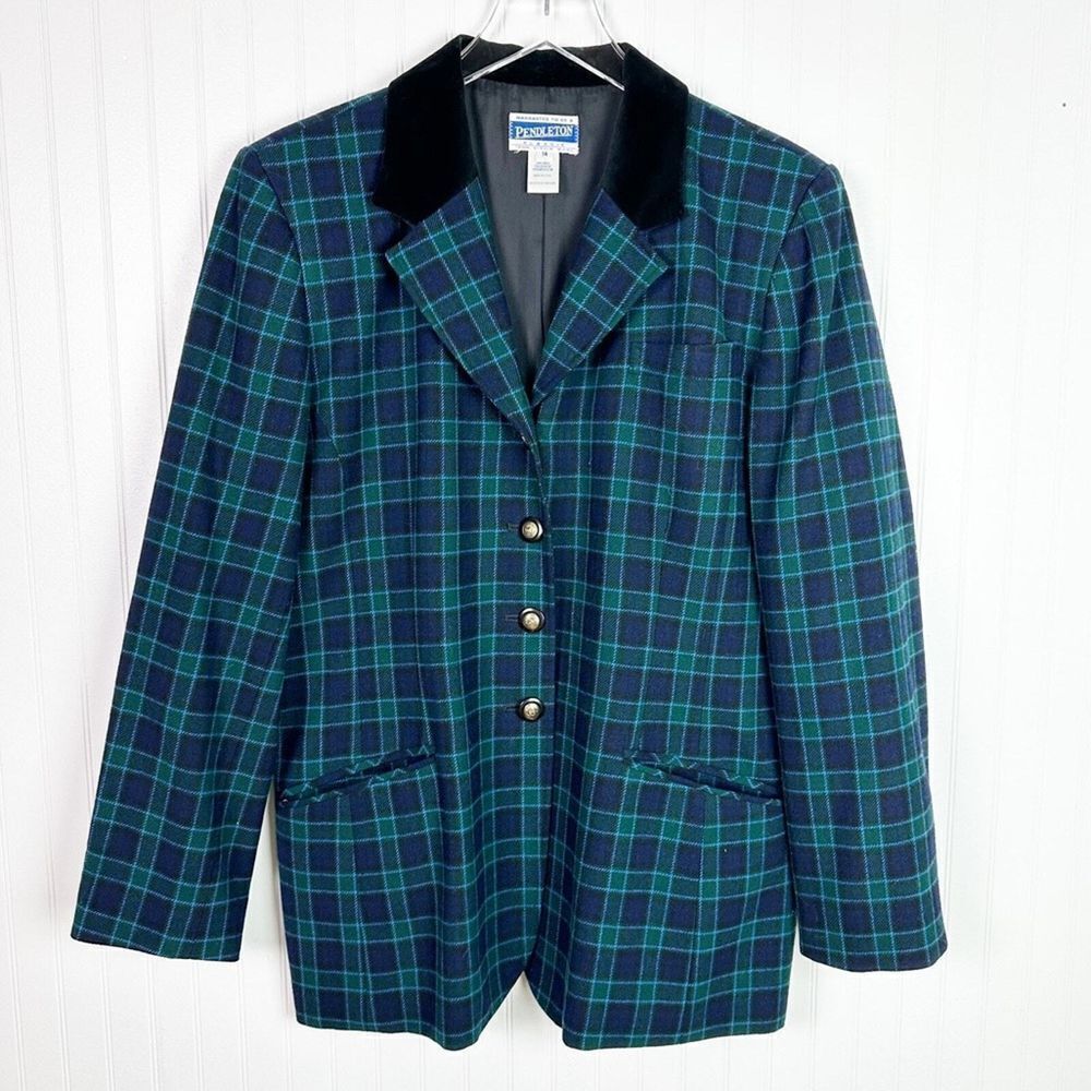 Vintage‎ Pendleton Wool Tartan Plaid Navy Green Button Front Blazer Jacket 14